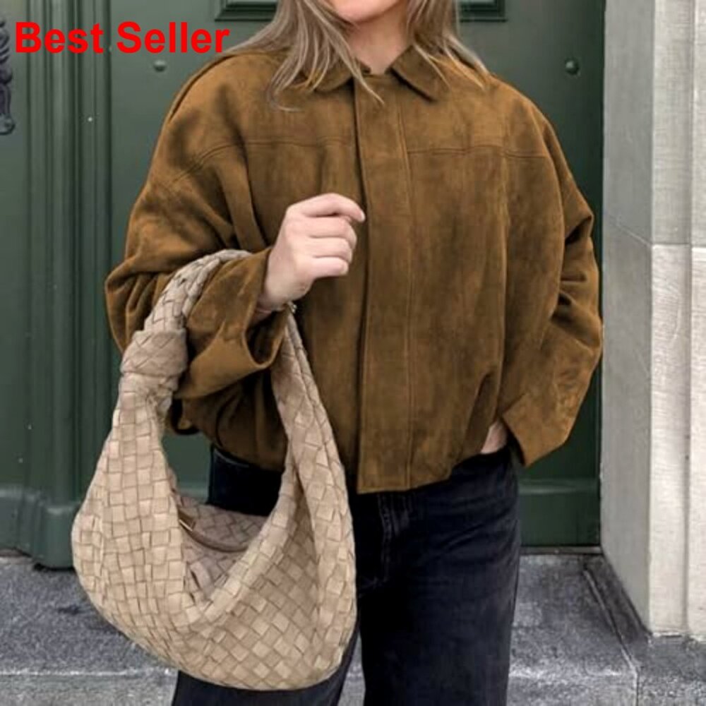Faux Suede Bomber Jacket Oversized Streetwear Casual Long Sleeve - Picture 6 of 7